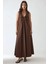 Kadın U Yaka Büzgü Detaylı Maxi Elbise Koyu Mocha Kahve 2