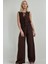 Kadın Yuvarlak Yakalı Dokulu Geniş Paça Tulum Brown 1