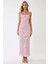 Kadın Kare Yaka Baskılı Tül Maxi Elbise Parlak Pembe 4