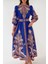 Kadın Baskılı Uzun Kol Kemerli Modest Elbise Blue 5