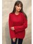 Kadın Kalın Örgü Düz Yaka Kazak Kırmızı 5