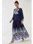 Kadın Baskılı Uzun Kol Viskon Modest Elbise Lacivert 4