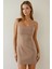 Kadın Dokulu Kare Yaka Bodycon Mini Elbise Bej Doğal 1