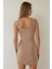 Kadın Dokulu Kare Yaka Bodycon Mini Elbise Bej Doğal 3