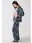 Kadın Baskılı Saten Pijama Takımı Lacivert 5