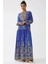 Kadın Baskılı Uzun Kol Viskon Modest Elbise Fas Mavisi 1