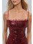 Kadın Kare Yaka Payetli Mini Bodycon Elbise Bordo Kırmızı 3
