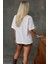 Kadın Kadın %100 Pamuk Bisiklet Yaka Oversize Beyaz Baskılı T-Shirt White 4