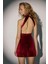 Kadın Halter Yaka Kadife Bodycon Mini Elbise Bordo Kırmızı 1