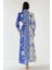 Kadın Baskılı Uzun Kol Kemerli Modest Elbise Blue 4