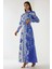 Kadın Baskılı Uzun Kol Kemerli Modest Elbise Blue 5