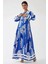 Kadın Baskılı Uzun Kol Viskon Modest Elbise Fas Mavisi 3