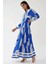 Kadın Baskılı Uzun Kol Viskon Modest Elbise Fas Mavisi 6