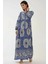 Kadın Baskılı Uzun Kol Viskon Modest Elbise Lacivert 3