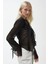 Kadın V Yaka Uzun Kollu Bağlama Detaylı FırfırlıTül Üst Siyah 6