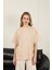 Sıfır Yaka Oversize Iki Iplik Tişört-Bej 4