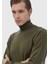 Haki Tam Balıkçı Yaka Düz Örgü Yün Karışımlı Triko Kazak 3