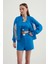 Kadın Renk Bloklu Yüksek Boyunlu Düğmeli Sweatshirt Blue 2