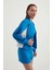 Kadın Renk Bloklu Yüksek Boyunlu Düğmeli Sweatshirt Blue 3