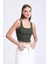 Kadın Kare Yaka Fitilli Düğmeli Askılı Tank Top Haki Yeşil 1