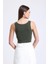 Kadın Kare Yaka Fitilli Düğmeli Askılı Tank Top Haki Yeşil 3