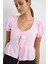 Kadın Yırtmaç Biye Detaylı V Yaka Bluz Pink 5