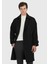 Siyah Oversize Fit Kruvaze Yaka Casual Dokuma Palto 3