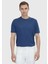 Indigo Düz Bisiklet Yaka %100 Keten T-Shirt 1