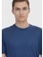 Indigo Düz Bisiklet Yaka %100 Keten T-Shirt 4