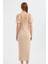 Kadın Yan Yırtmaçlı Fırfırlı Kollu Sweetheart Yakalı Midi Elbise Natural 5