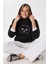 Kapüşonlu Nakış Işlemeli Peluş Sweatshirt LZV0024 Siyah 1