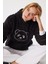 Kapüşonlu Nakış Işlemeli Peluş Sweatshirt LZV0024 Siyah 2