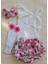 Kız Bebek Ribana Beyaz Tek Kol Askılı Çıtçıtlı Body Fırfırlı Desenli Etek Bandana Çorap Set 1