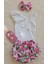 Kız Bebek Ribana Beyaz Tek Kol Askılı Çıtçıtlı Body Fırfırlı Desenli Etek Bandana Çorap Set 1
