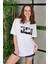 Unisex Bisiklet Yaka Baskılı Oversize T-Shirt - Beyaz 3