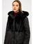 Çıkabilen Kürklü Kapüşonlu Pelüş Garnili Kapitone Mont Siyah 6781 5