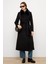 Yakası Çıkabilen Kürklü Punto Dikiş Detaylı Premium Uzun Kaban Siyah 3092 5