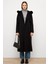 Kürklü Kapüşonlu Beli Bağlamalı Uzun Kaban Siyah 3107 1