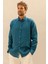 Erkek %100 Keten Petrol Mavisi Düğmeli Yaka Modern Fit Cepsiz Gömlek 3