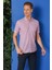 Slim Fit Düğmeli Yaka Desenli Kısa Kol Pamuk Eflatun Gömlek G 1504 1