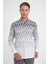 Comfort Fit Pano Desen Düğme Yaka %100 Keten Gri Gömlek G 1594 2