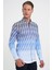 Comfort Fit Pano Desen Düğme Yaka %100 Keten Mavi Gömlek G 1594 3