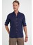 Comfort Fit Düğme Yaka Katlanır Kol %100 Keten Düz Lacivert Gömlek G 1595 1