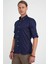 Comfort Fit Düğme Yaka Katlanır Kol %100 Keten Düz Lacivert Gömlek G 1595 3