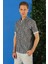 Slim Fit Düğmeli Yaka Desenli Kısa Kol Pamuk Füme Gömlek G 1499 3