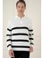 Slim Fit Çizgili Fermuarlı Polo Yaka Ekru Triko Kazak TR 877 3