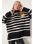 Çizgili Oversize Triko Kazak LBV0053 Siyah Ekru 4