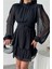ŞİFON KATLI UZUN KOL ELBİSE - Siyah 2