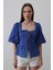 Kare Yaka Balon Kol Bluz - Mavi 1