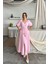 V YAKA BEL BONCUK BAĞLAMALI MÜSLİN ELBİSE YIRTMAÇ DETAYLI - Pembe 3